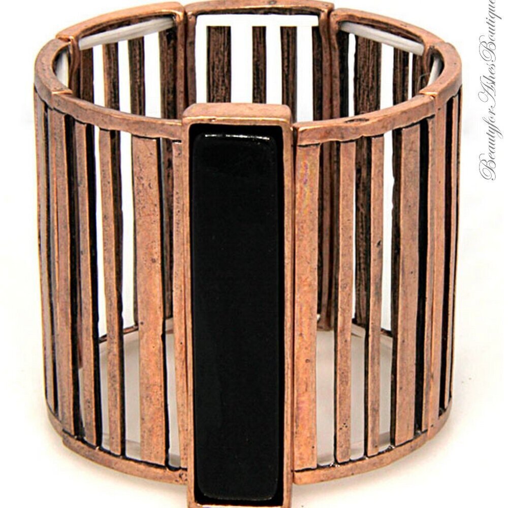 Wide Band Copper Metal with Black Rectangle Stone Giant Stretch Bracelet